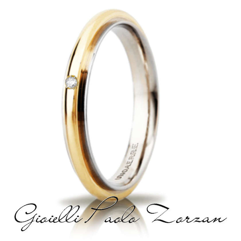 Fede Matrimoniale Unoaerre Andromeda Slim Oro Bicolore Giallo E Bianco 18kt Con Diamante  Ref. 50afc281001 Col.07