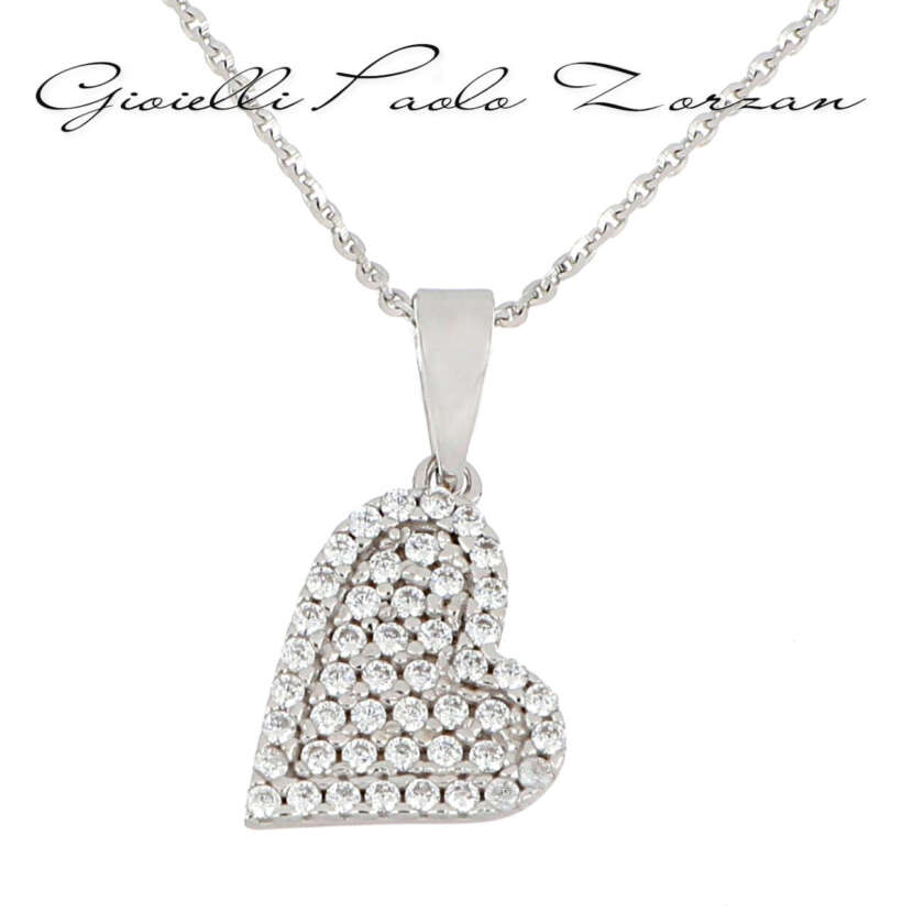 Collana Brillantata in Oro Bianco e Pendente Cuore con pavè di Zirconi ref. 10065389
