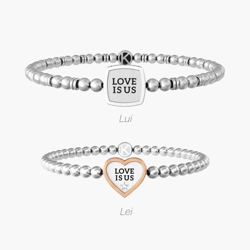 Coppia di bracciali kidult con elastico e frase love is us 732130
