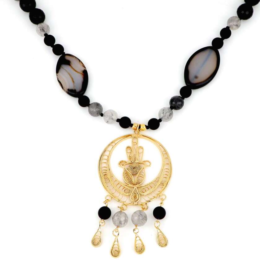 Collana lunga in argento dorato con onice, agata e quarzo grigio VB0009