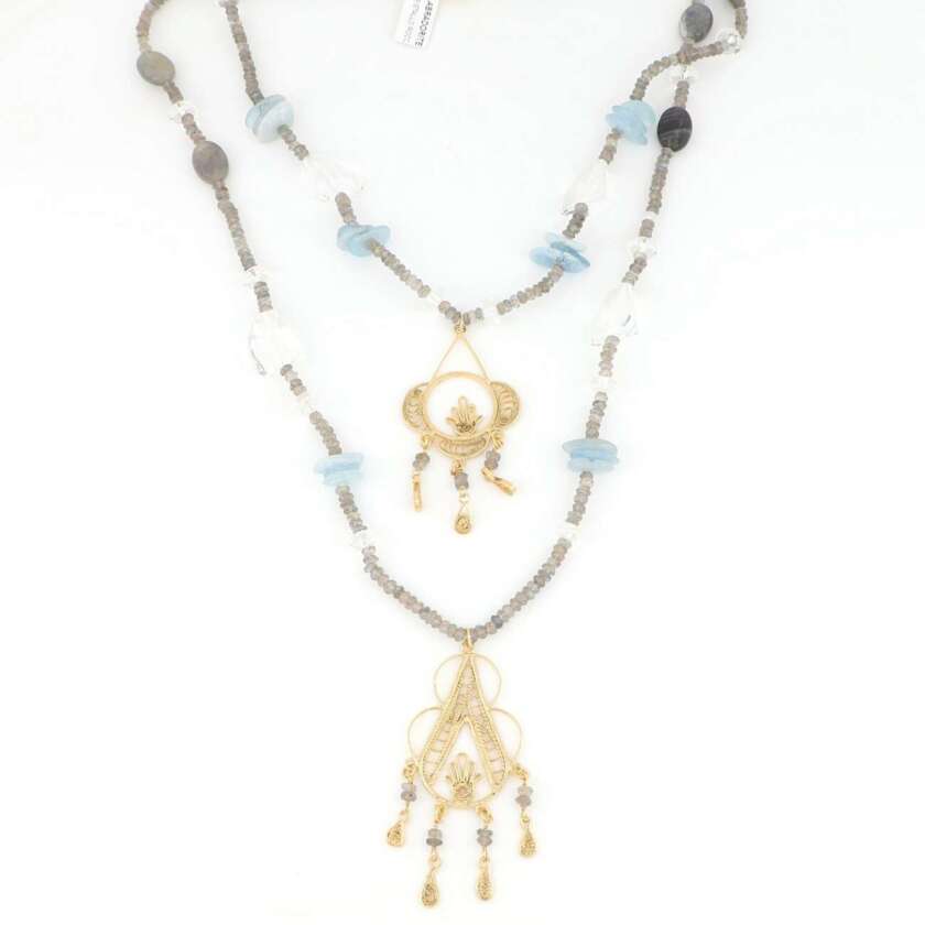 Collana su due misure in argento dorato labradorite acqua marina e cristallo di rocca VB00014