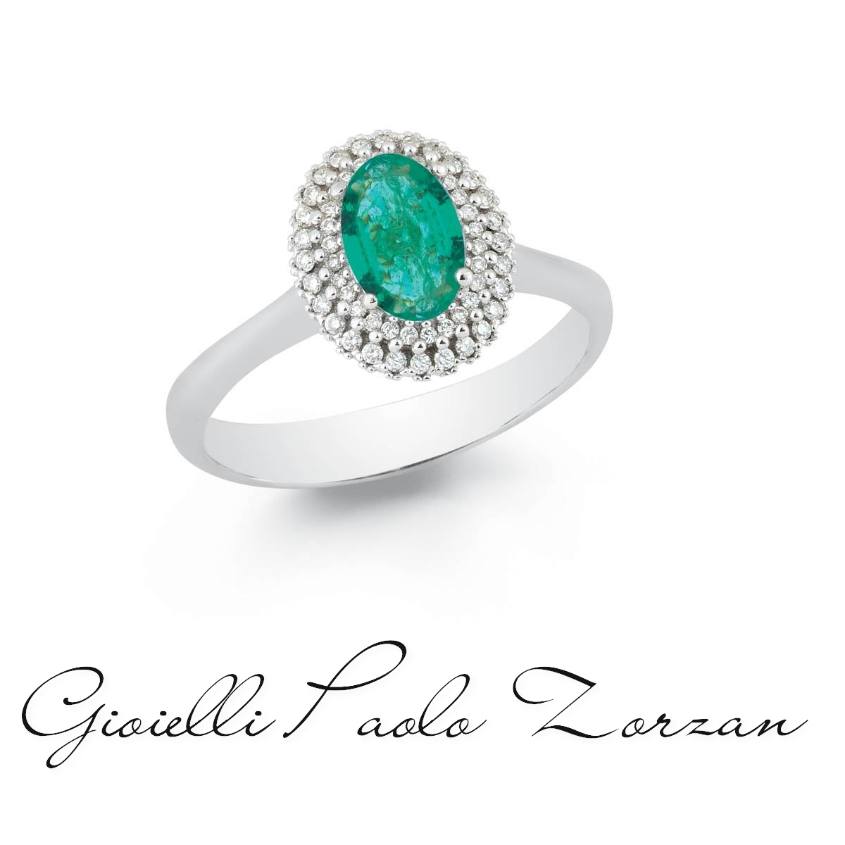 Anello Artlinea in oro bianco 18kt con diamanti e smeraldo centrale