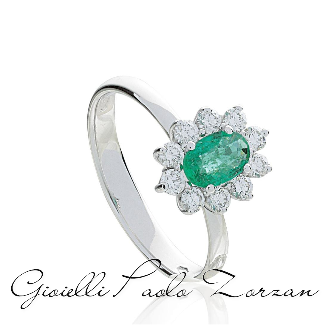 Anello Artlinea in oro bianco 18kt con diamanti e smeraldo centrale