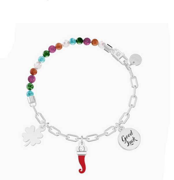 Bracciale con catena, pietre e ciondoli fortuna Cornetto protezione 732304