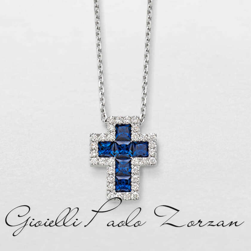 Girocollo con croce Giorgio Visconti in oro bianco diamanti e zaffiro GB35717Z