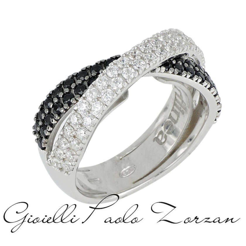 Anello Artlinea in argento 925 rodiato con pavé di zirconi bianchi e neri ZAN585NE