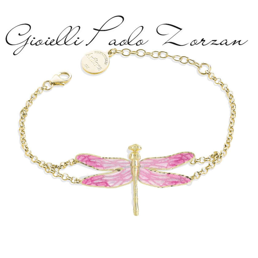 Bracciale Artlinea catena Libellula in argento 925, dorato con smalto eseguito a mano rosa a cattedrale ZBR705-MG