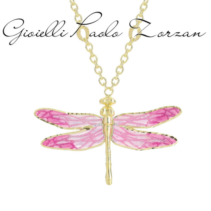 Collana Artlinea Libellula grande in argento 925, dorata, smalto rosa a cattedrale ZCL1320-MG