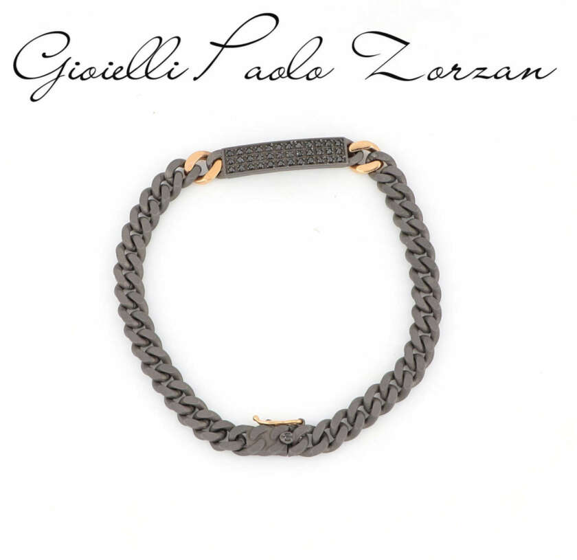 BRACCIALE MANO J UOMO IN TITANIO, TARGHETTA CON DIAMANTI BLACK E ORO ROSSO 18KT GROUBRRGTBTAR