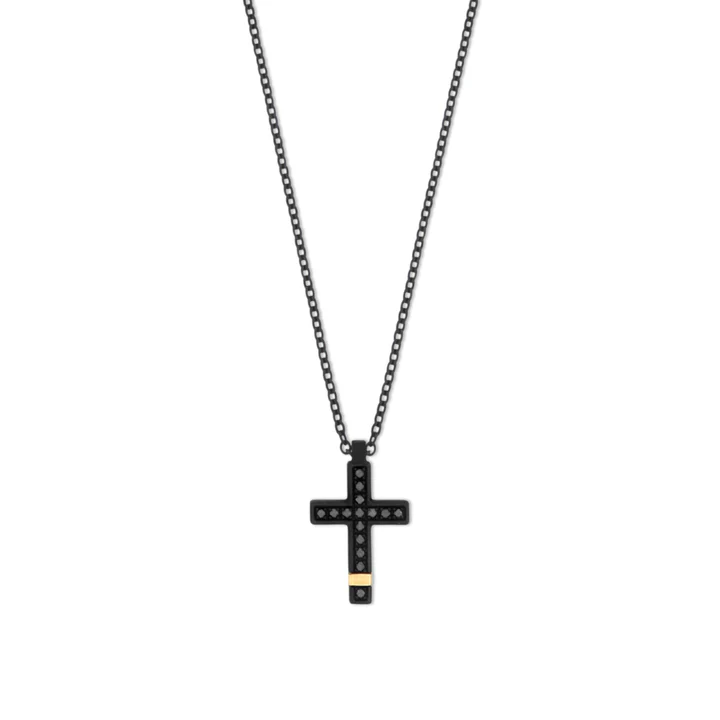 COLLANA MANO J CON CROCE IN TITANIO NERO, ORO ROSSO E DIAMANTI BLACK TNCCR2001