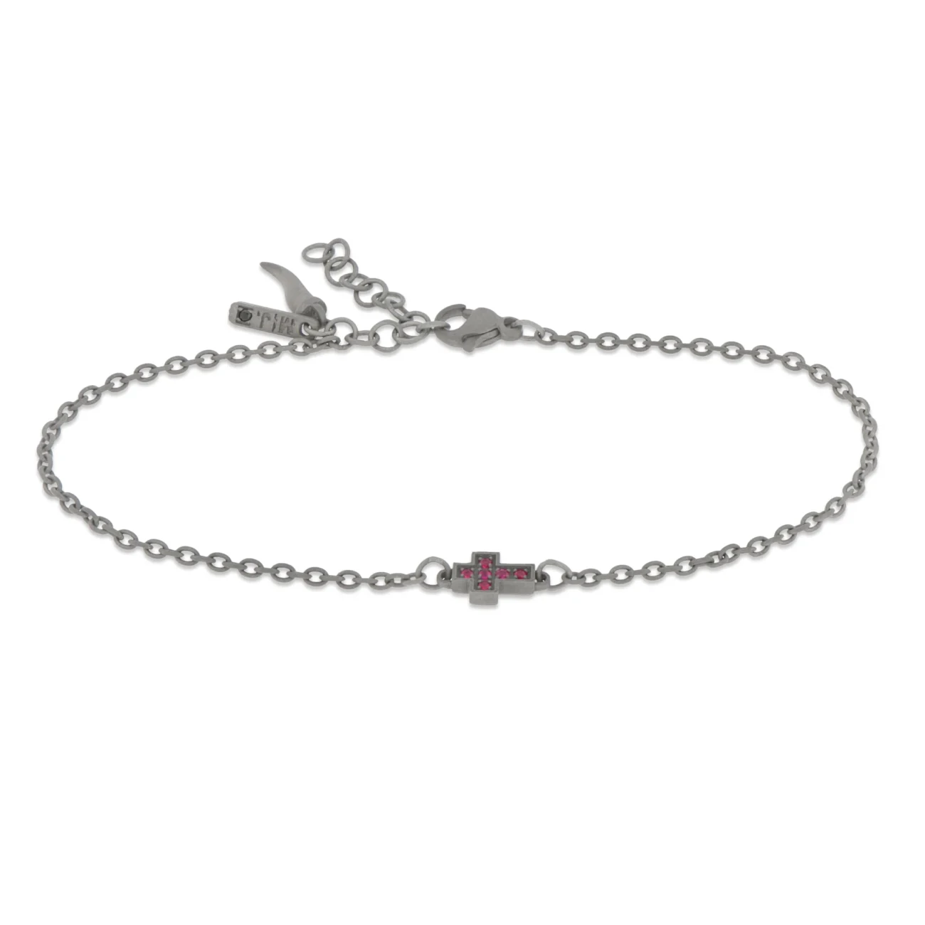 BRACCIALE MANO J IN TITANIO CON CROCE CENTRALE E RUBINI MINBRTRU1CROKTI