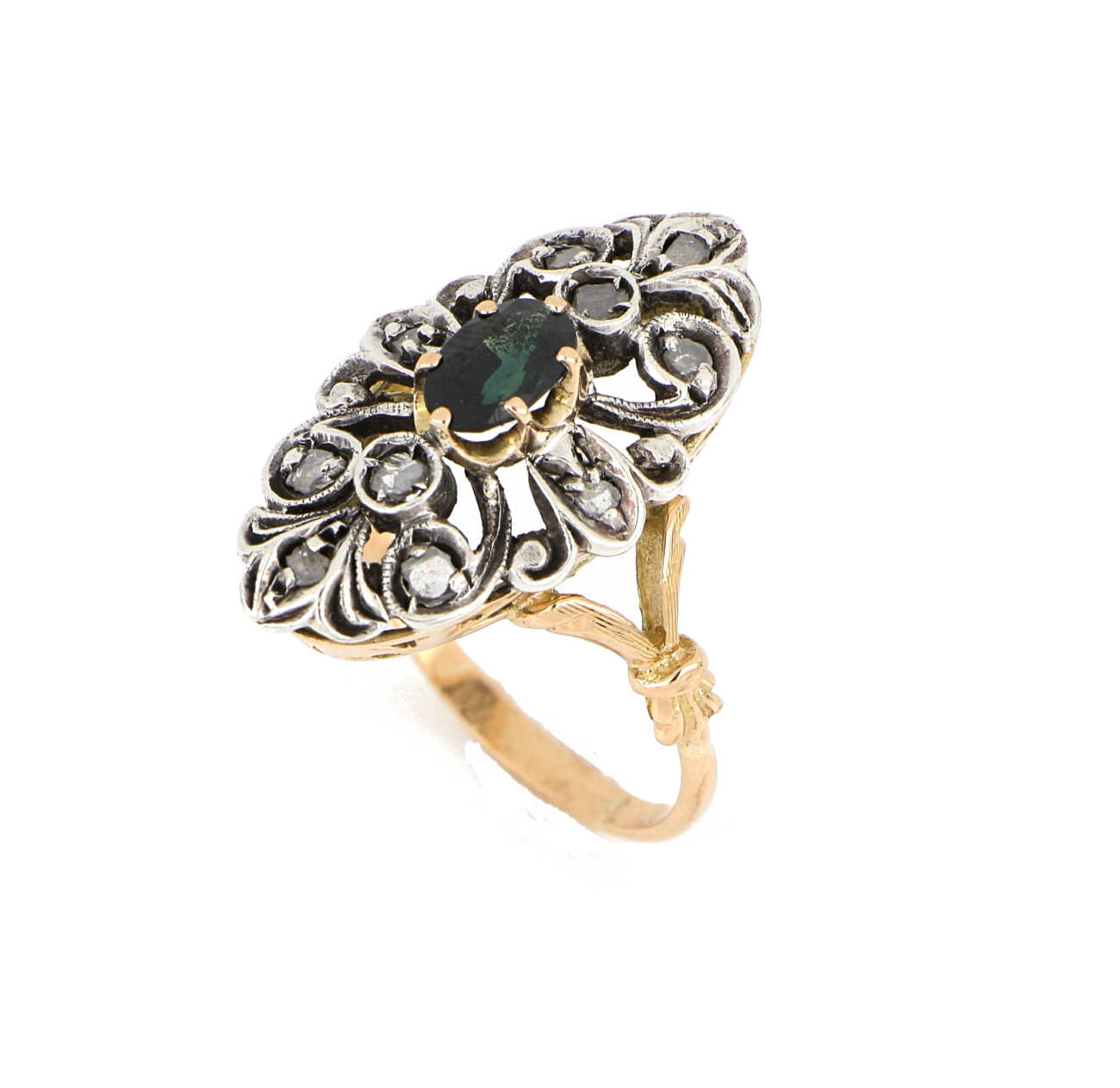 Anello vintage in oro giallo e argento con rosette di diamanti e zaffiro CAP337  Anelli