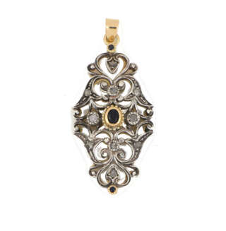 Pendente vintage in oro giallo e argento con rosette di diamante e zaffiro CPA341 Collane e Pendenti Pendente vintage in oro giallo e argento con rosette di diamante e zaffiro CPA341 Collane e Pendenti