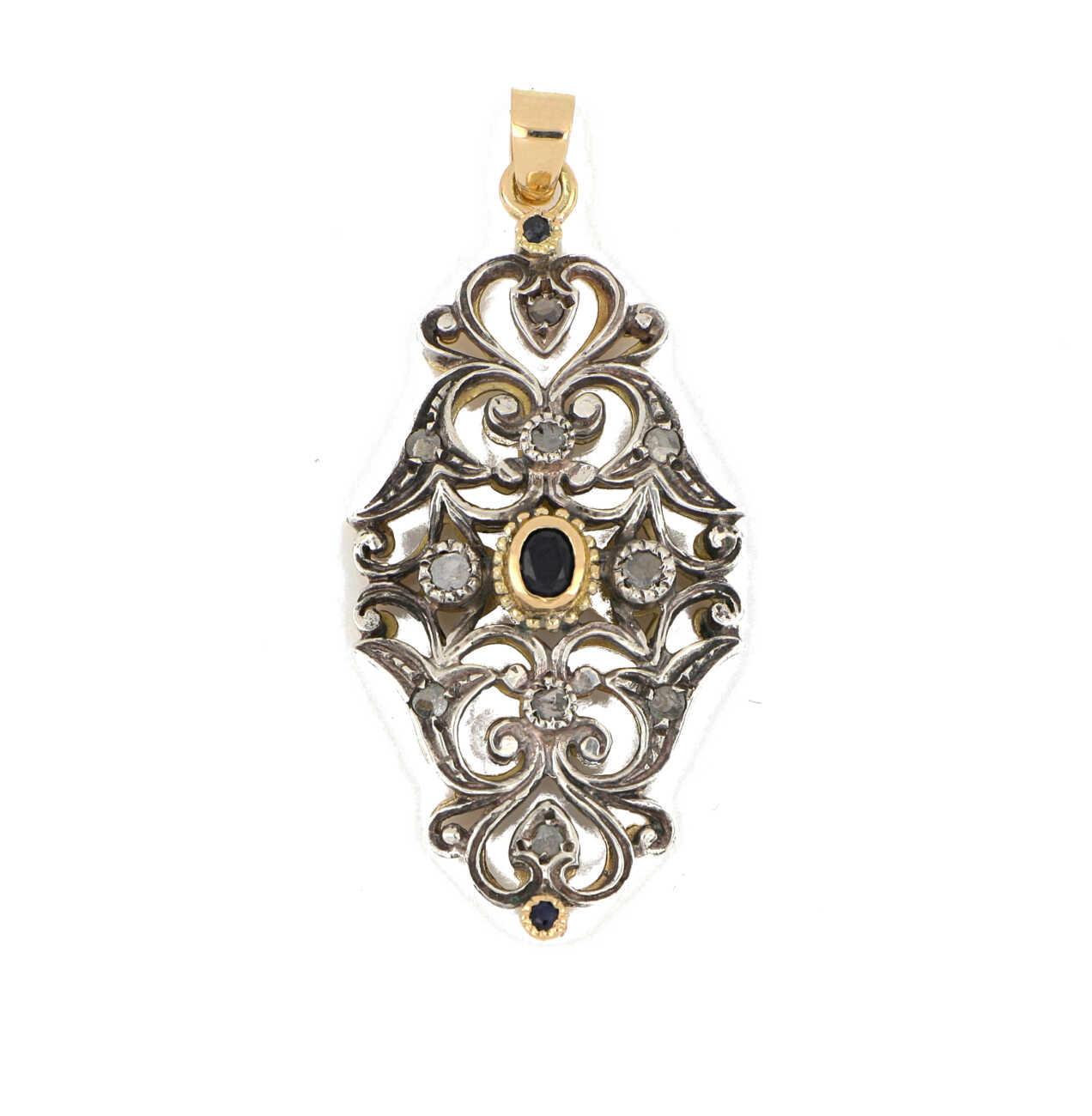 Pendente vintage in oro giallo e argento con rosette di diamante e zaffiro CPA341  Collane e Pendenti